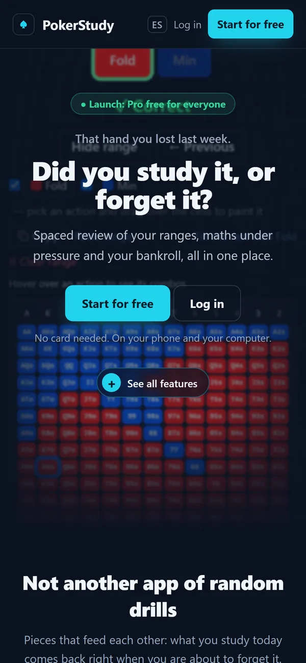 PokerStudy landing page on a phone