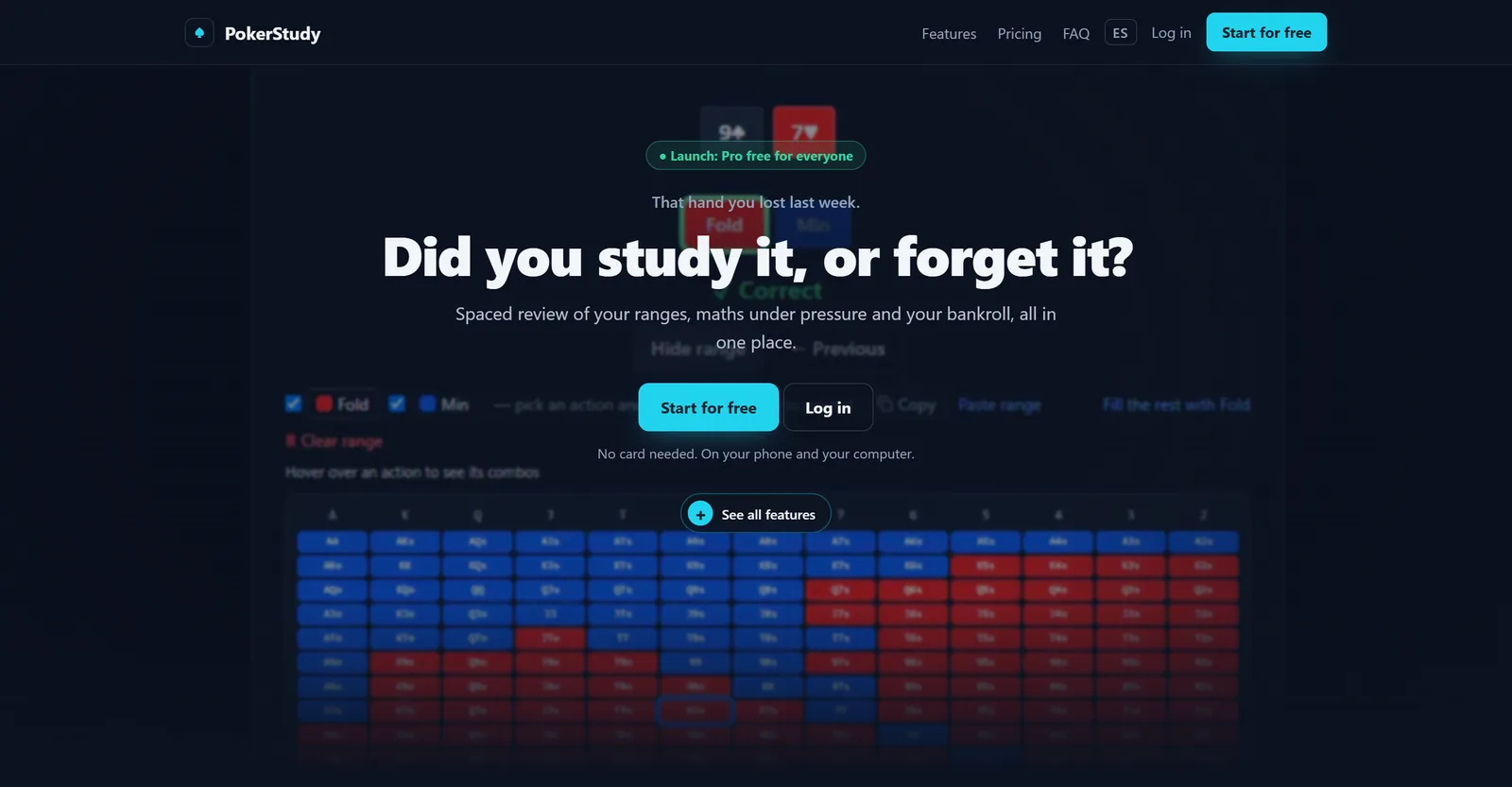 PokerStudy landing page hero: 'That hand you lost last week. Did you study it, or forget it?'