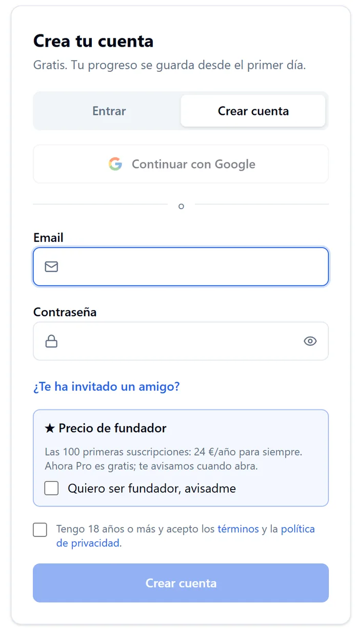 Formulario de registro de PokerStudy con la casilla opcional «Quiero ser fundador»