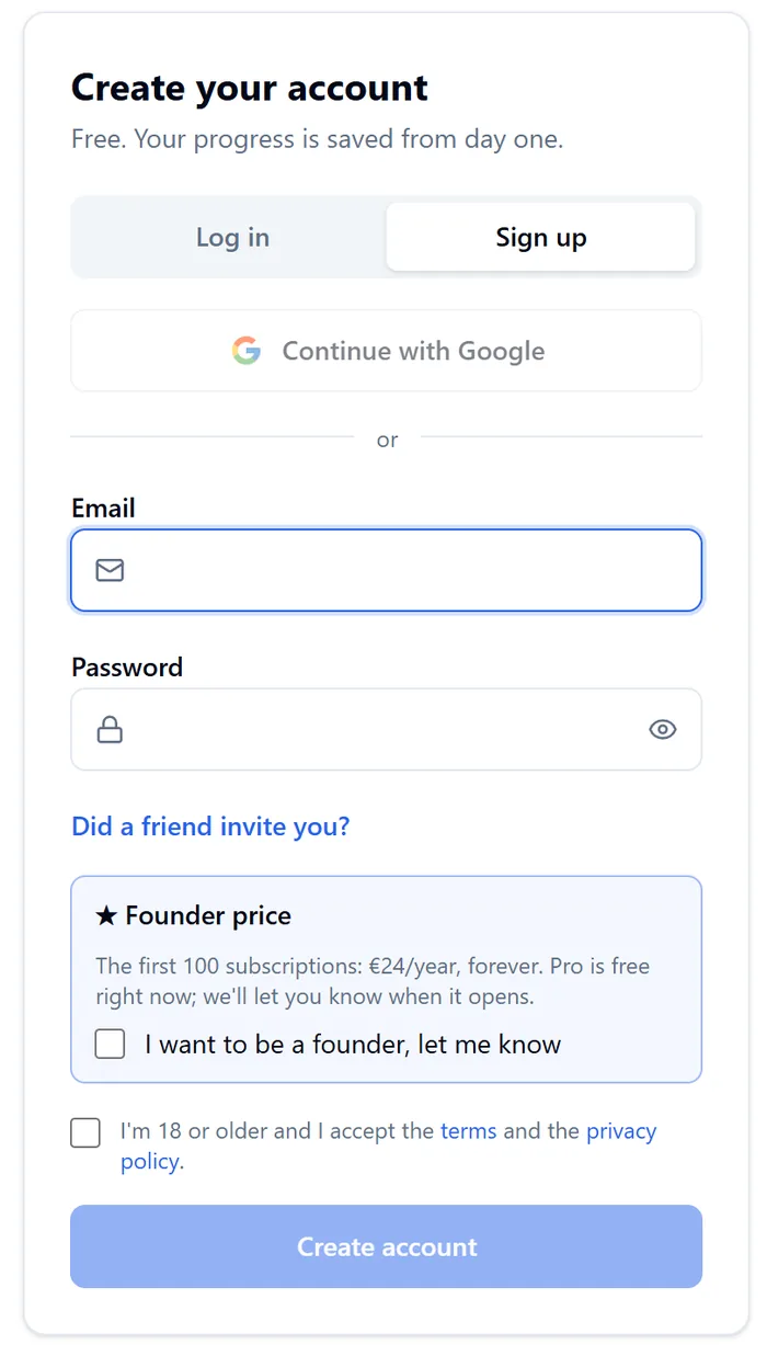 PokerStudy sign-up form with an optional 'I want to be a founder' checkbox