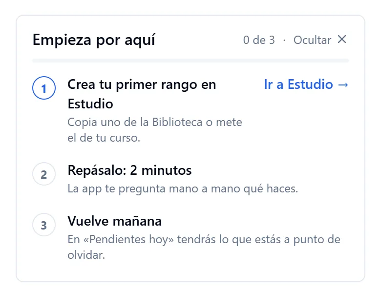 'Start here' checklist with three steps: create your first range, review it for 2 minutes, come back tomorrow (Spanish interface)
